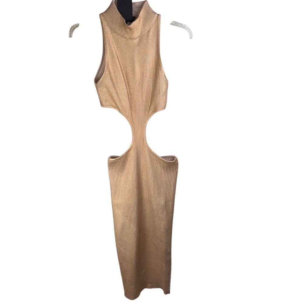 Revolve Calista Cut Out Long Midi Dress Size Small Champagne Foil Gold NEW